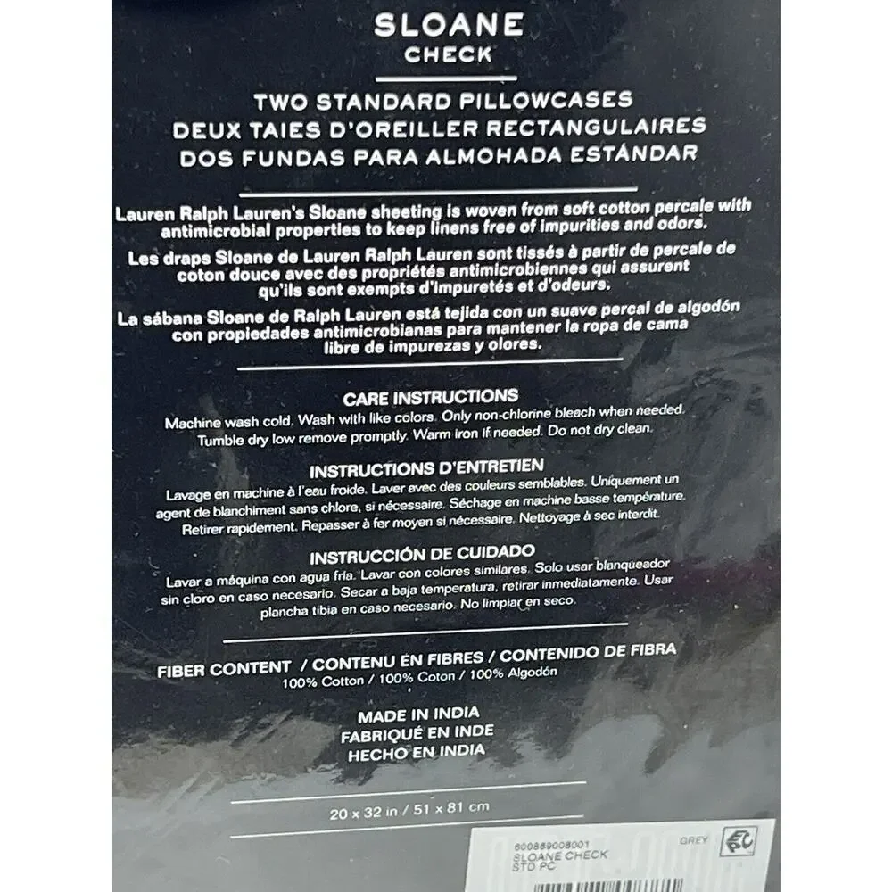 Ralph Lauren Grey SLOANE CHECK Standard Pillowcases Antimicrobial Cotton Percale